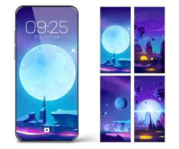 a smartphone with an active screen showing wallpaper for the screen on the theme of the month, next to the smartphone are four examples of wallpaper for the screen on the theme of the month